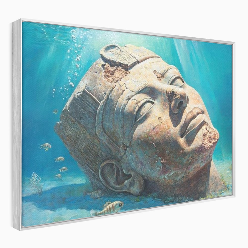 Tablou canvas cu cap de statuie faraonica scufundat, in rama de aluminiu argintiu
